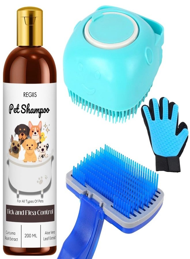 REGIIS Pet Grooming Kit, Tick & Flea Control Shampoo 200ml with Bath Brush, Slicker Brush and Massage Glove, for All Pets - Image 1